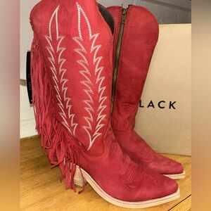 LIBERTY Black Vegas Red Heeled Boots w Fringe